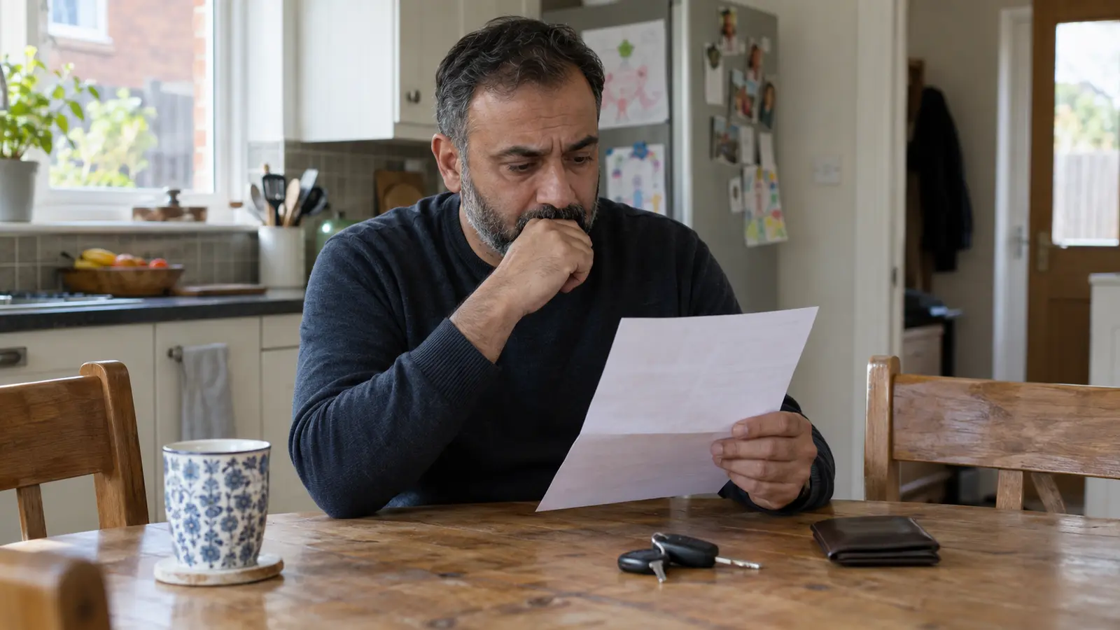 A driver reading a vehicle seizure notice at home